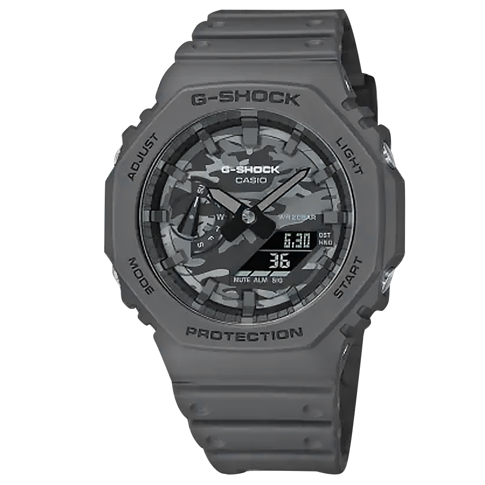G-SHOCK CASIO / GA-2100CA-8A / 卡西歐 八角型 雙顯 防水 橡膠手錶 迷彩灰x深灰 45mm