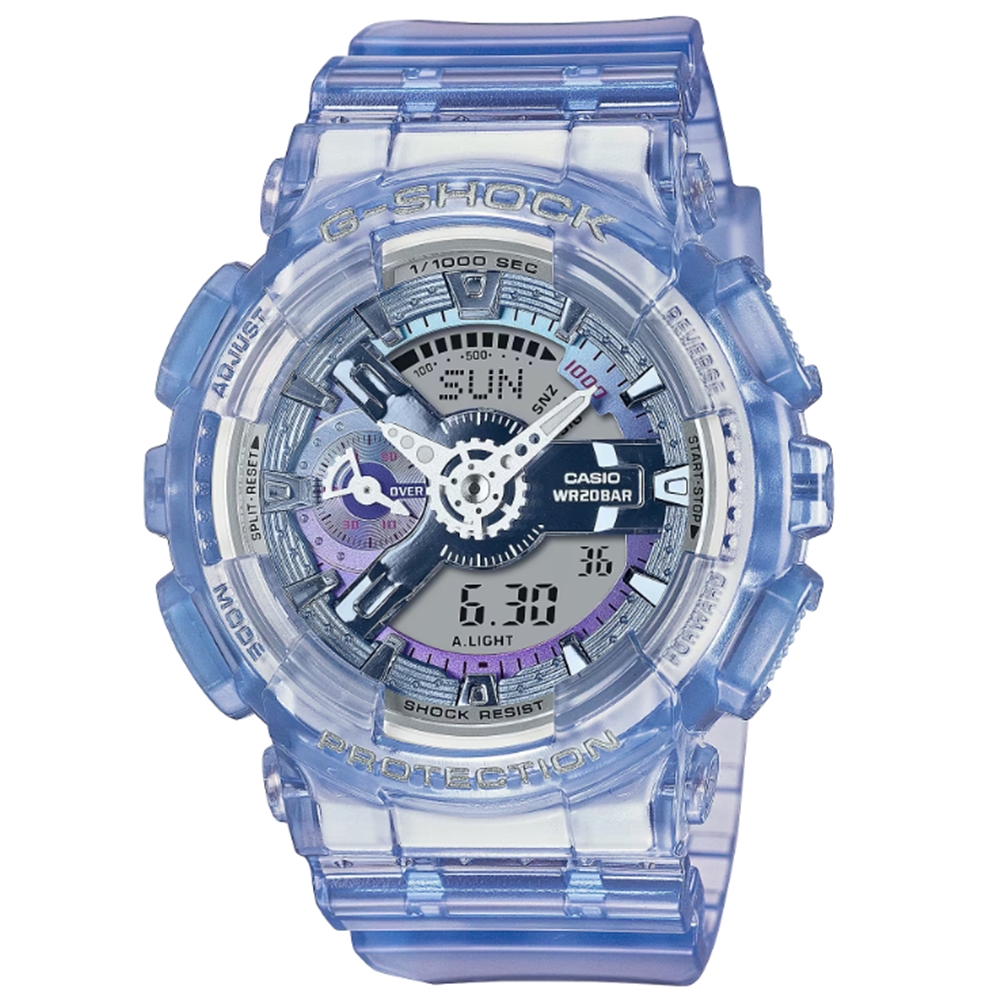 【CASIO 卡西歐】G-SHOCK 未來科幻 虛擬世界雙顯錶款 半透明藍 GMA-S110VW-6A_45.9mm
