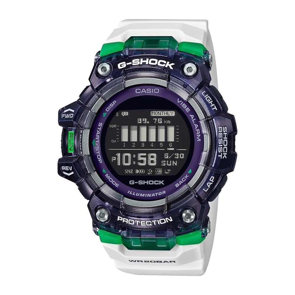 【CASIO 卡西歐】卡西歐 G-SHOCK 藍牙 半透明 運動手錶(黑白x綠 GBD-100SM-1A7)