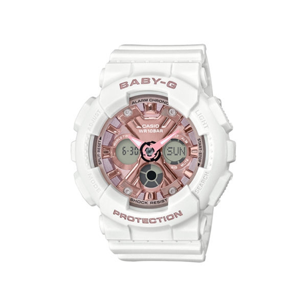 【CASIO 卡西歐】BABY-G 雙顯手錶BA-130-7A1-白x粉紅/46.3mm