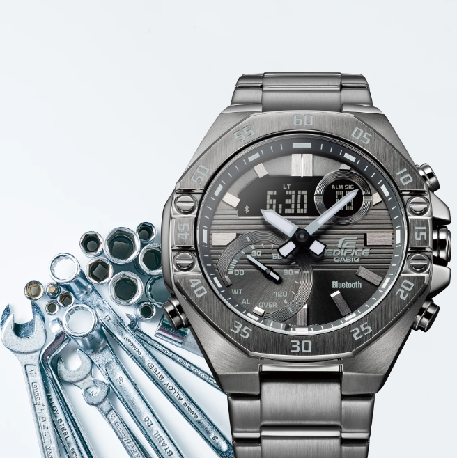 CASIO 卡西歐 EDIFICE 八角形雙顯藍牙錶(灰色) ECB-10DC-1B