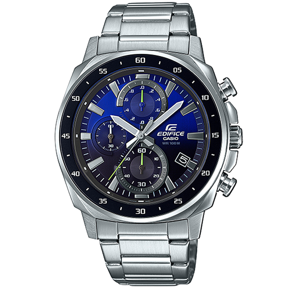 【CASIO 卡西歐】EDIFICE 沉穩品味三眼計時不鏽鋼賽車腕錶/銀x漸層藍面(EFV-600D-2A)