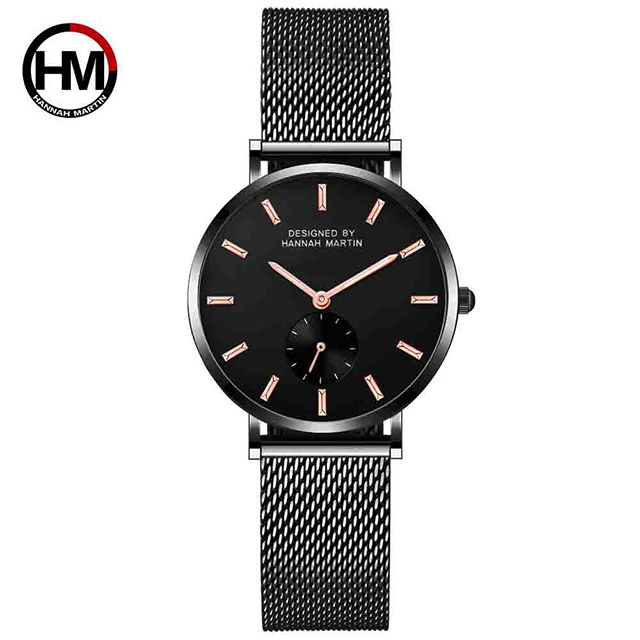 【HANNAH MARTIN】寂靜黑極簡小秒針盤設計米蘭帶腕錶-黑/41mm (HM-2138H-WFH)