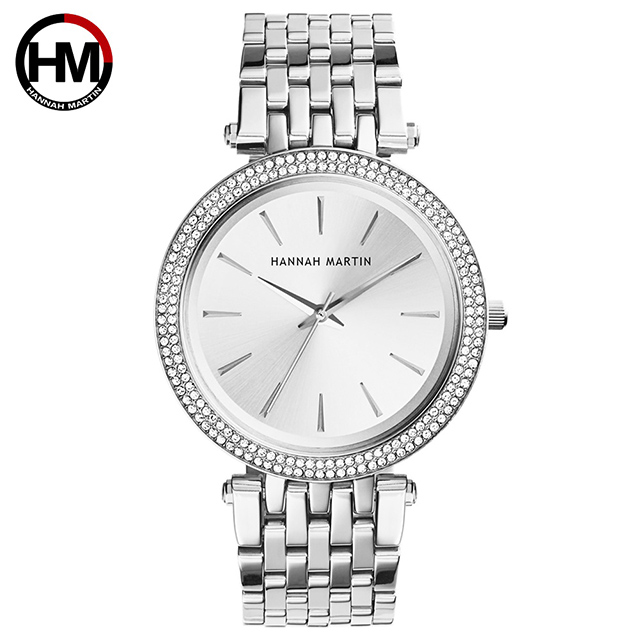 【HANNAH MARTIN】點晶品雙圈鑲鑽不鏽鋼腕錶(HM-1185-S)銀x40mm