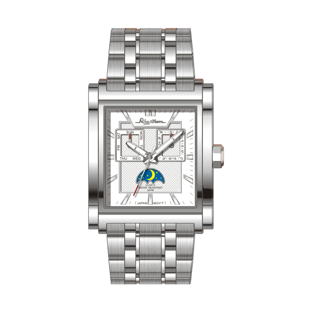 RHYTHM日本麗聲鐘 獨特方形氣質石英腕錶-白/不鏽鋼錶帶