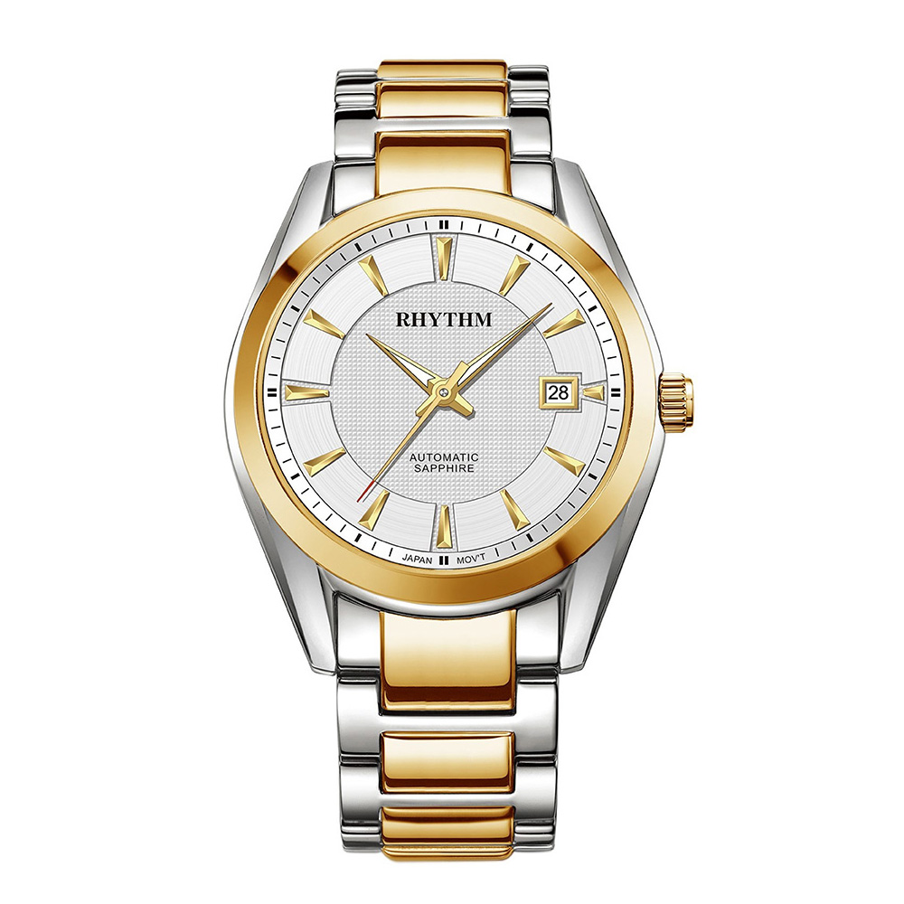 RHYTHM日本麗聲 簡單紳士款日期顯示自動機械腕錶-金/不鏽鋼錶帶
