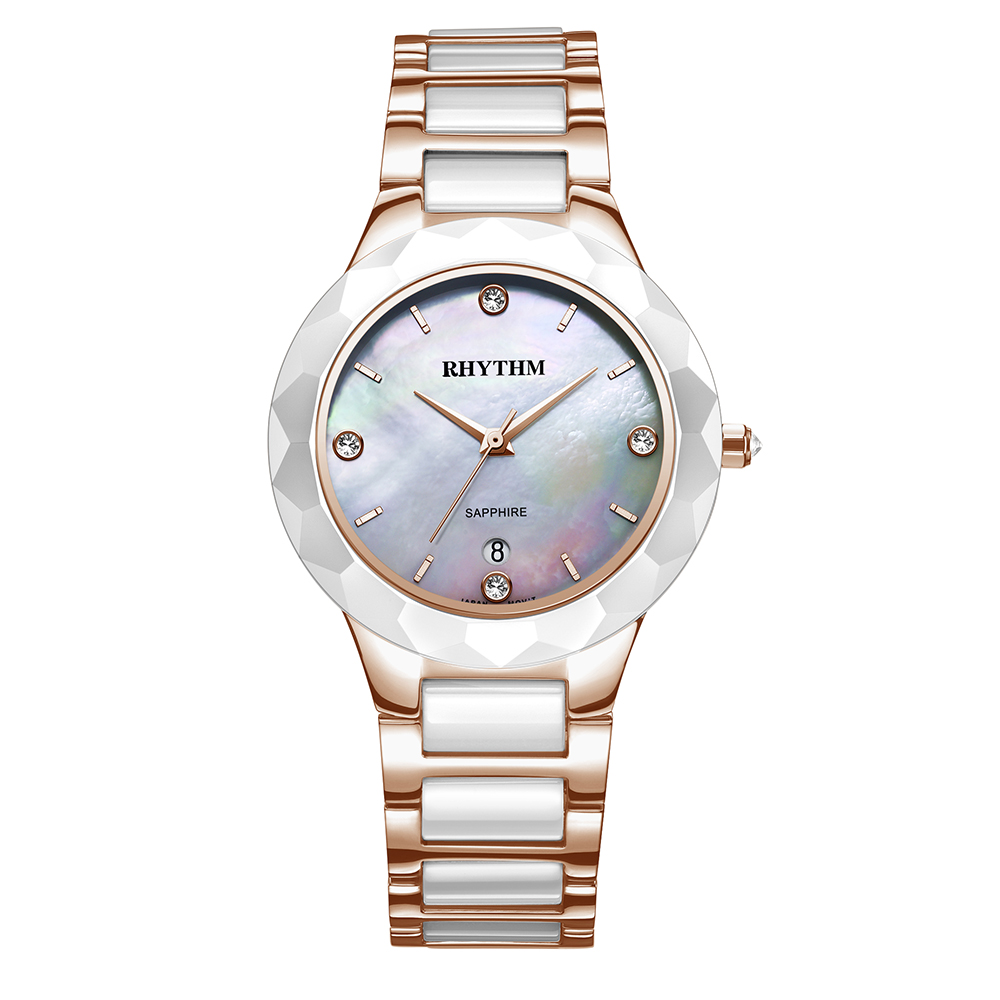 RHYTHM日本麗聲 時尚貝殼面鑲鑽日期顯示陶瓷腕錶-玫瑰金/半陶瓷錶帶