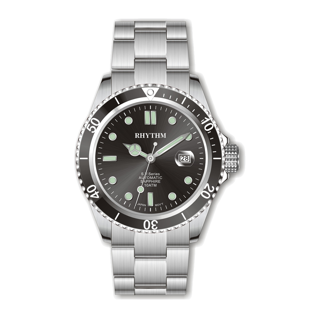 RHYTHM日本麗聲 運動款防水100米日期顯示自動機械腕錶-黑/不鏽鋼錶帶