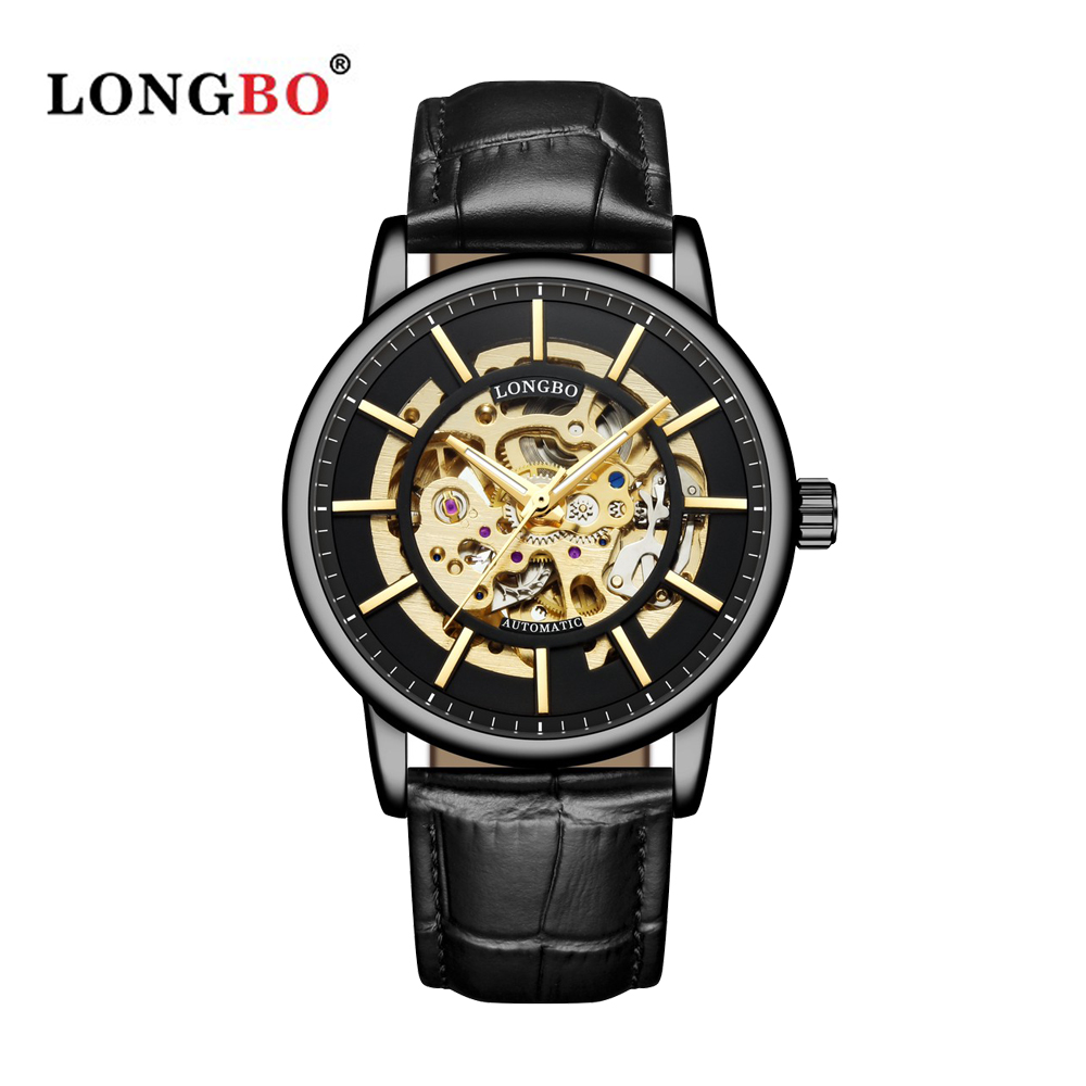 美國時尚品牌LB機械錶 83228 鏤空設計簡約同心圓男士機械皮帶錶 - 黑色