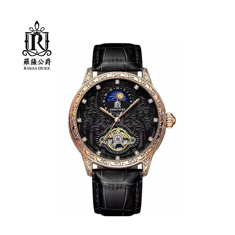 蘇格蘭皇家品牌 RAKSA DUKE羅薩公爵 玫金雕花日月星辰自動上鍊機械黑皮帶腕錶-黑面