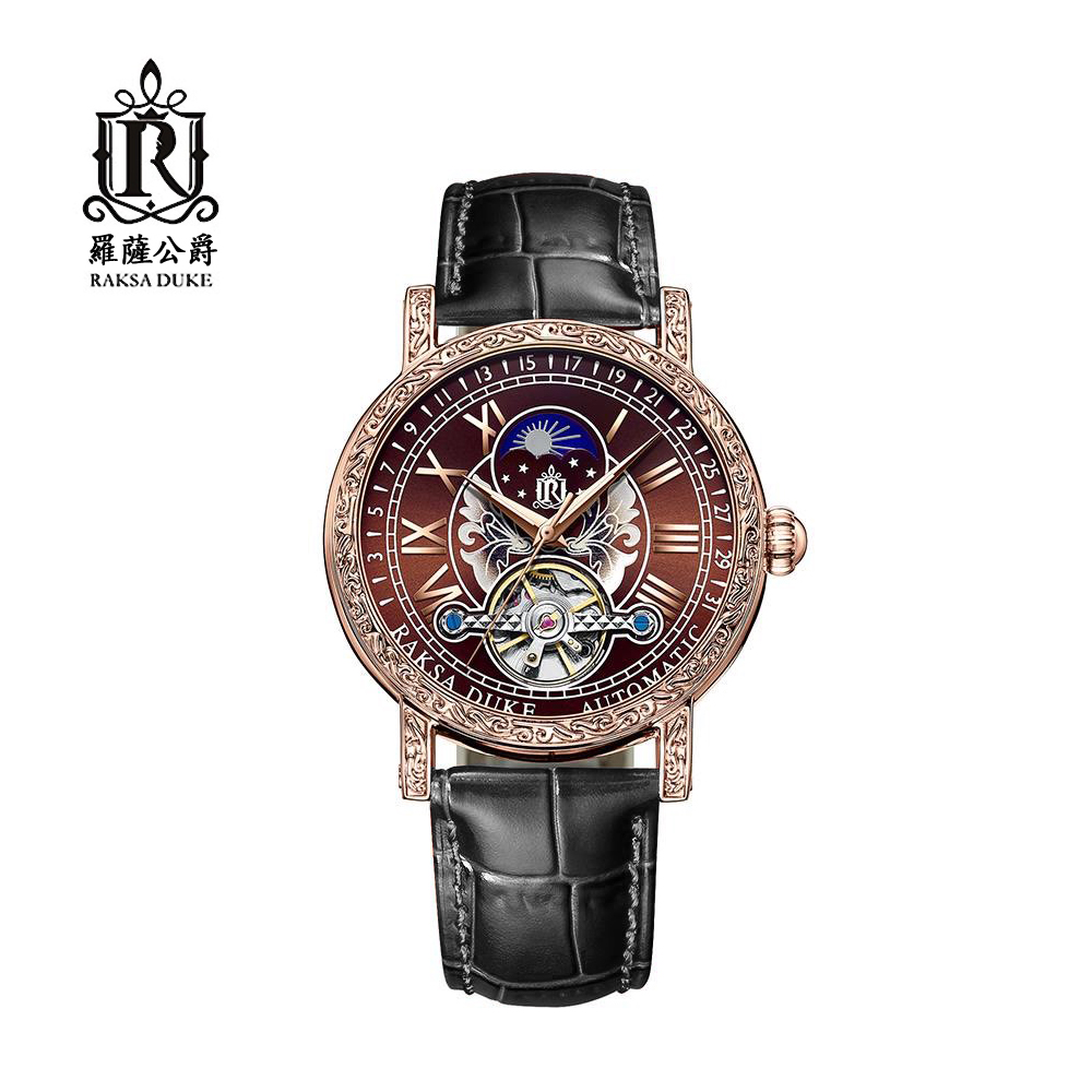 蘇格蘭皇家品牌 RAKSA DUKE羅薩公爵 高貴典雅日月星宿自動上鍊機械玫框黑皮帶腕錶