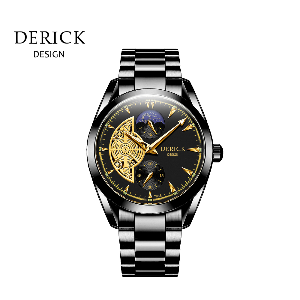 義大利品牌 德理克 DERICK精金百鍊簡約百搭自動上鍊機械象牙黑面黑鋼帶腕錶