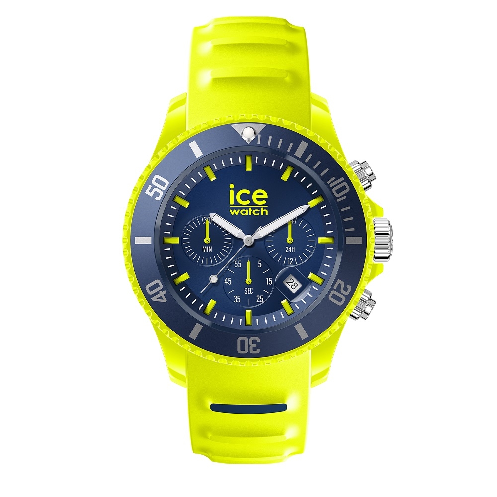 【Ice Watch】三眼計時活力系列 藍錶面 40mm CH-瑩光黃矽膠錶帶