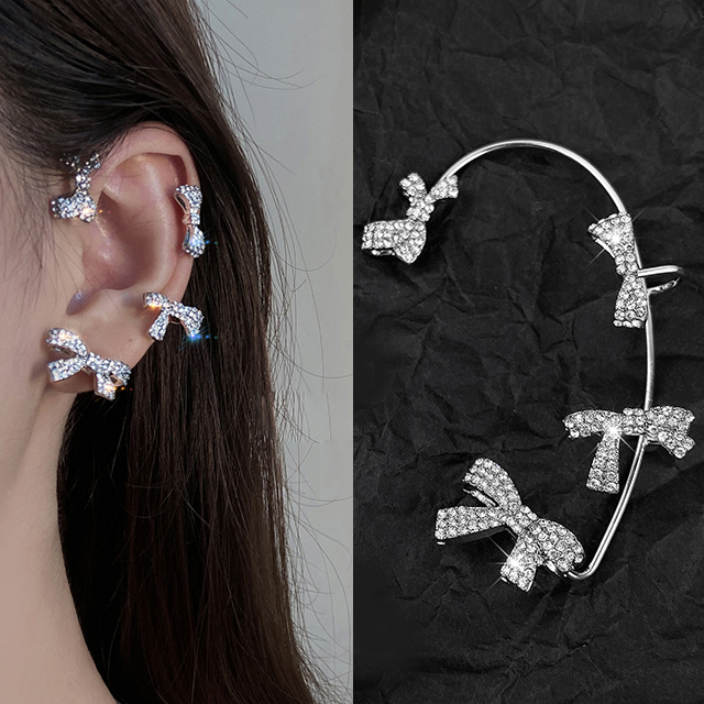 Charme 韓國新品 閃閃水鑽蝴蝶結造型耳掛式耳環 左耳款