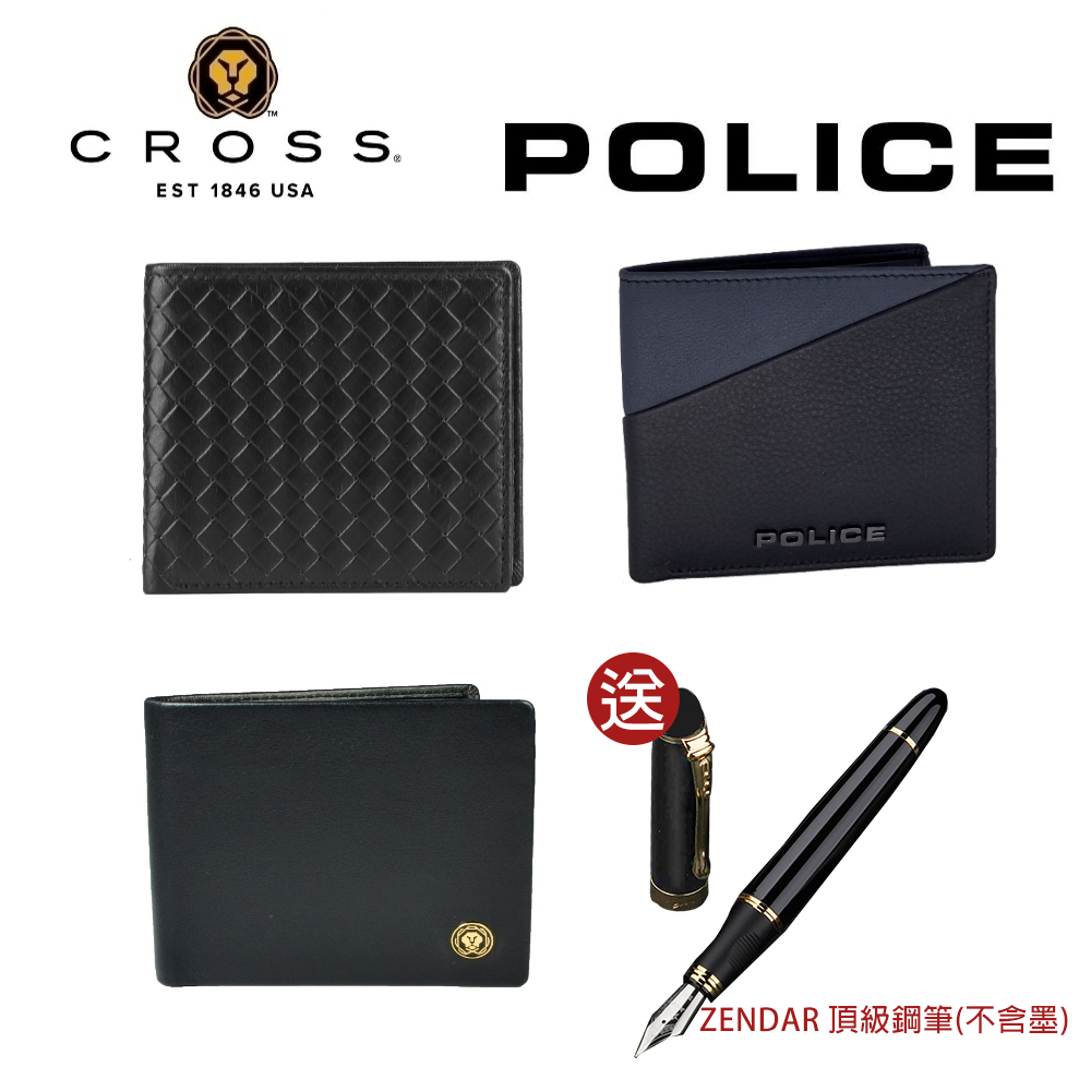 [CROSS X POLICE 雙品牌 限量1折 頂級小牛皮男用短夾送名牌鋼筆