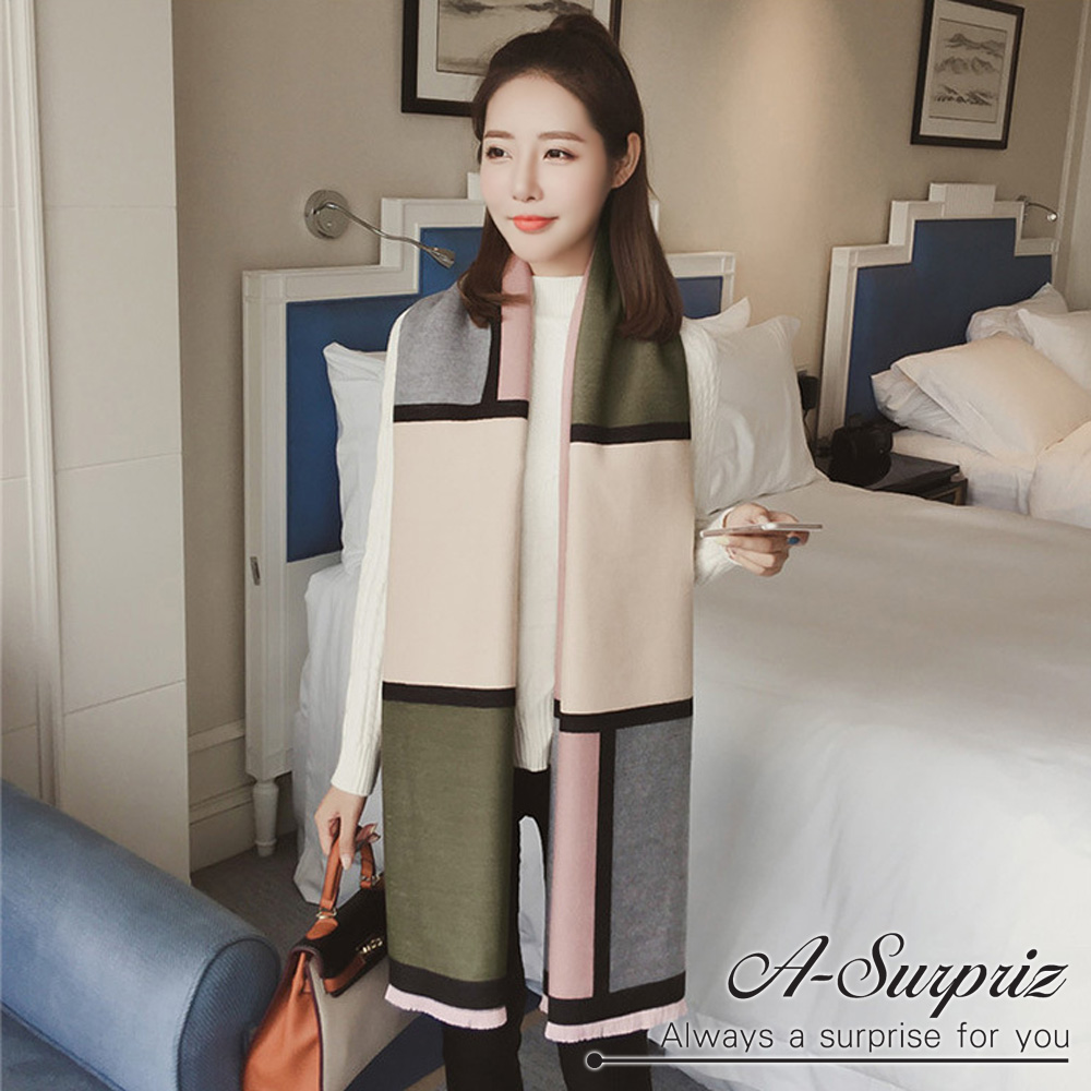 A-Surpriz 拼接彩格加大兩面仿羊絨披肩圍巾(粉綠)