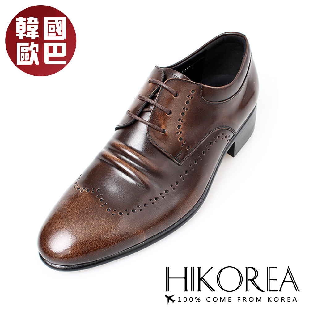 【HIKOREA韓國增高鞋】正韓製/版型正常。韓國空運手作雕花立體壓摺紳士皮鞋(8-9057/現貨+預購)