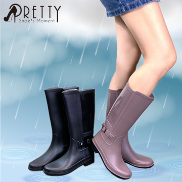 【Pretty】素面簡約拼接金屬皮帶扣長筒雨靴S-21793