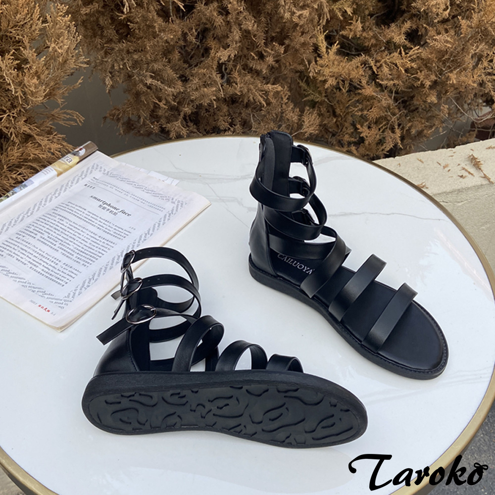 【Taroko】羅馬三扣環平底交錯涼鞋(黑色)
