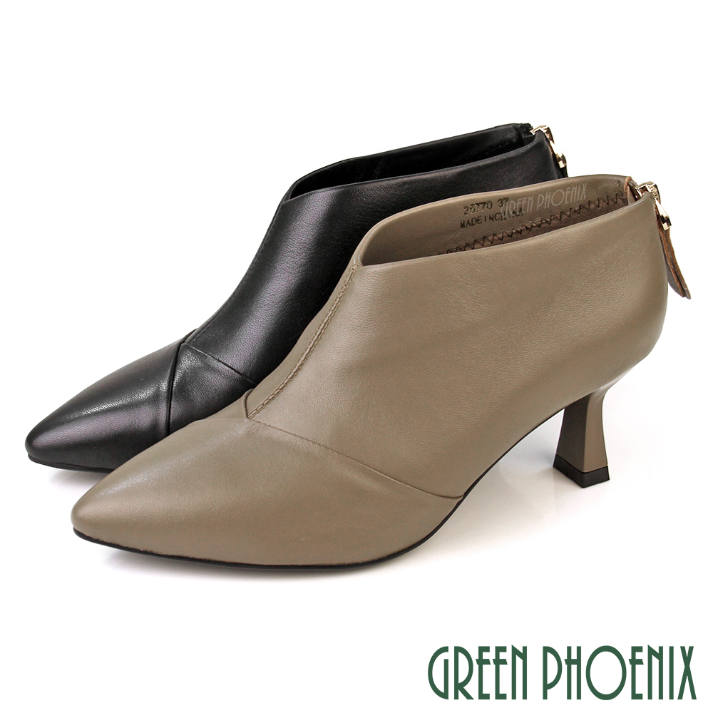 【GREEN PHOENIX 波兒德】女靴 踝靴 短靴 高跟 尖頭 小羊皮 真皮 乳膠鞋墊U2-25770