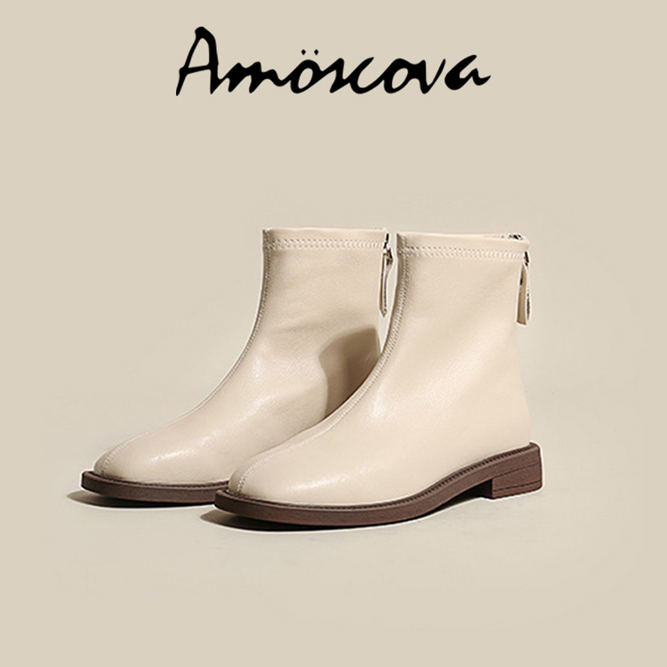 【Amoscova】現貨 女靴 真皮馬汀靴 素面短靴 中筒靴 女鞋(1672)-米色