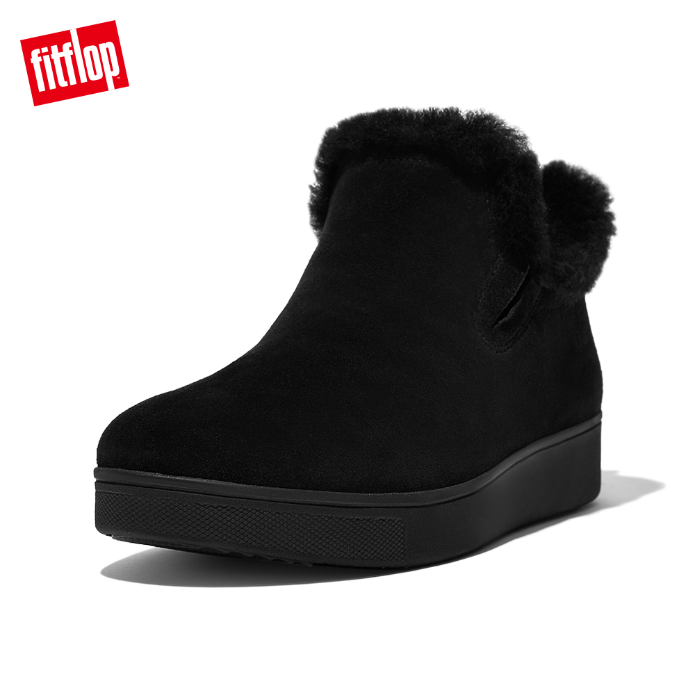 【FitFlop】RALLY SHEARLING-LINED SUEDE SLIP-ON SNEAKERS易穿脫時尚休閒鞋-女(靚黑色)