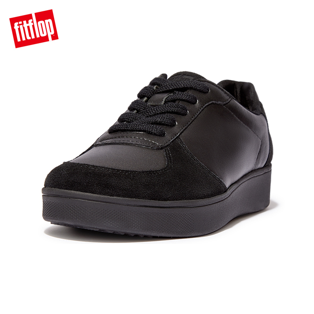 【FitFlop】RALLY LEATHER/SUEDE PANEL SNEAKERS復古繫帶休閒鞋-女(黑色)