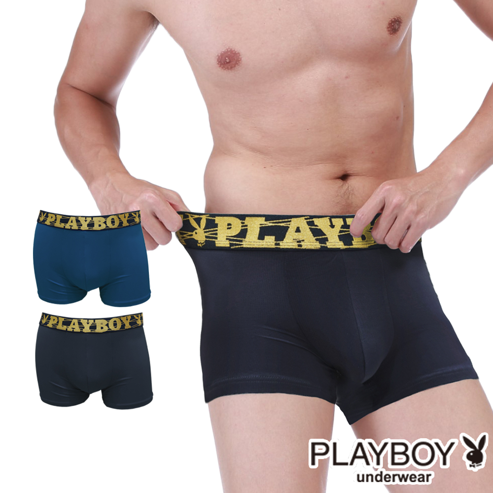 【PLAYBOY】男內褲 黃金織帶涼感透氣網眼舒適平口褲(黑/中普藍/寶藍)