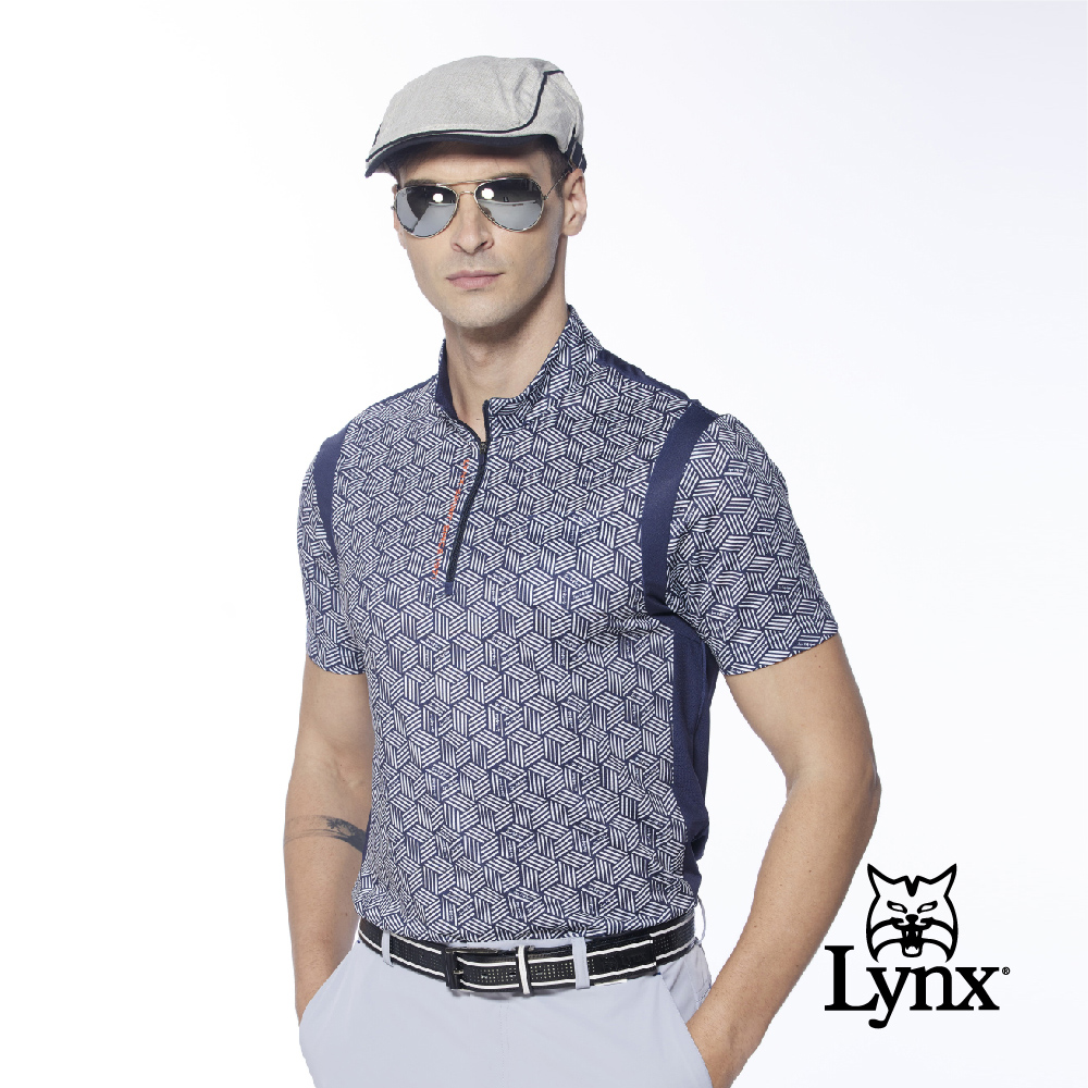 【Lynx Golf】男款吸濕排汗涼感合身版水波紋組織布滿版印花短袖立領POLO衫/高爾夫球衫(二色)