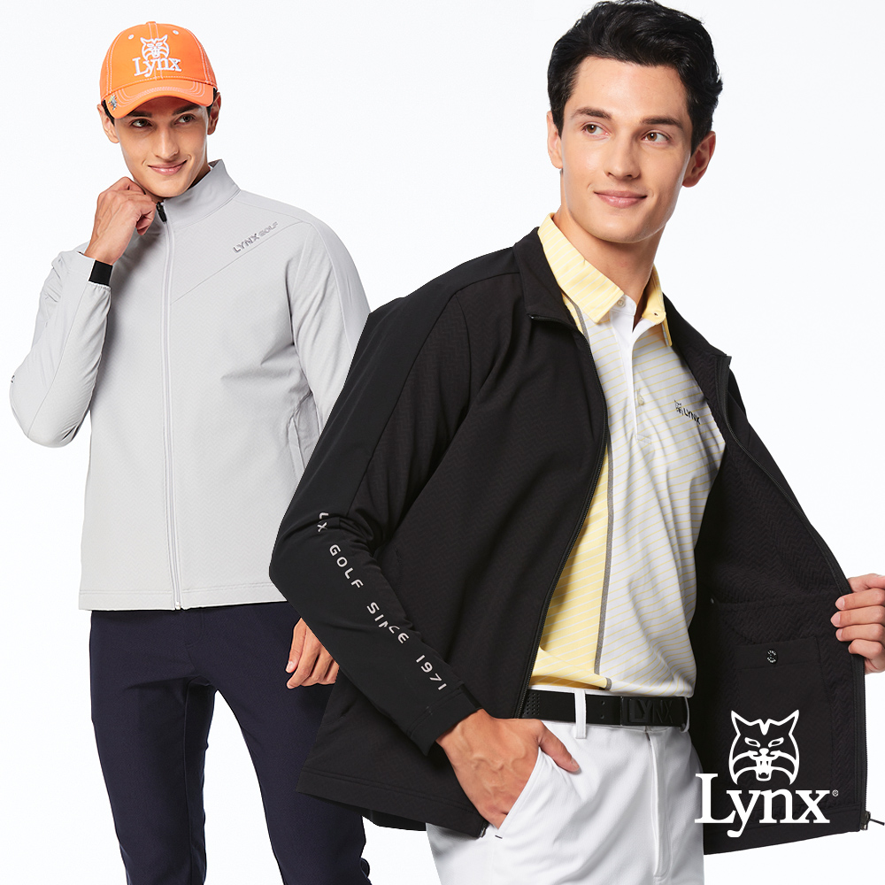 【Lynx Golf】男款保暖防風防潑水織帶剪接造型拉鍊口袋長袖外套(二色)