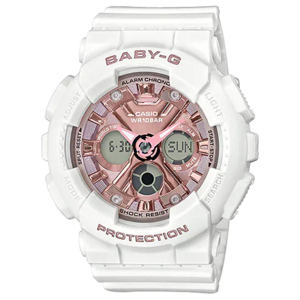 BABY-G 時尚全能三眼液晶雙顯錶-白X粉面(BA-130-7A1)