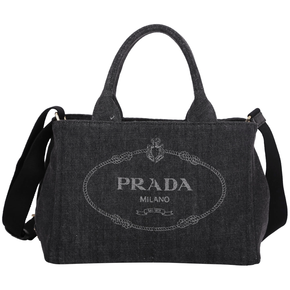 PRADA Canvas 徽標印花單寧帆布手提/斜背托特包(灰黑色)