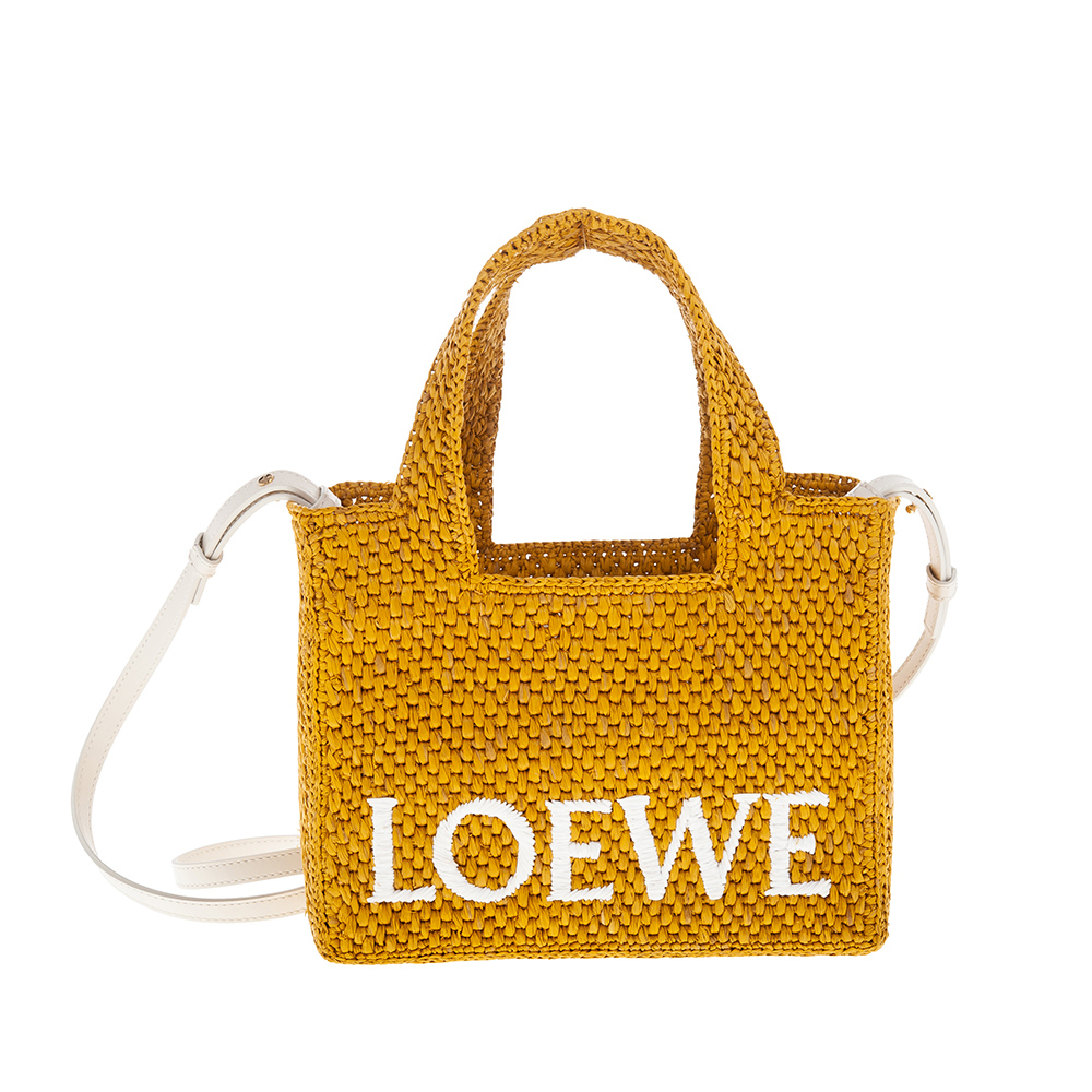 LOEWE 新款撞色LOEWE標誌字體小號酒椰纖維手提/肩背包 (黃褐色)