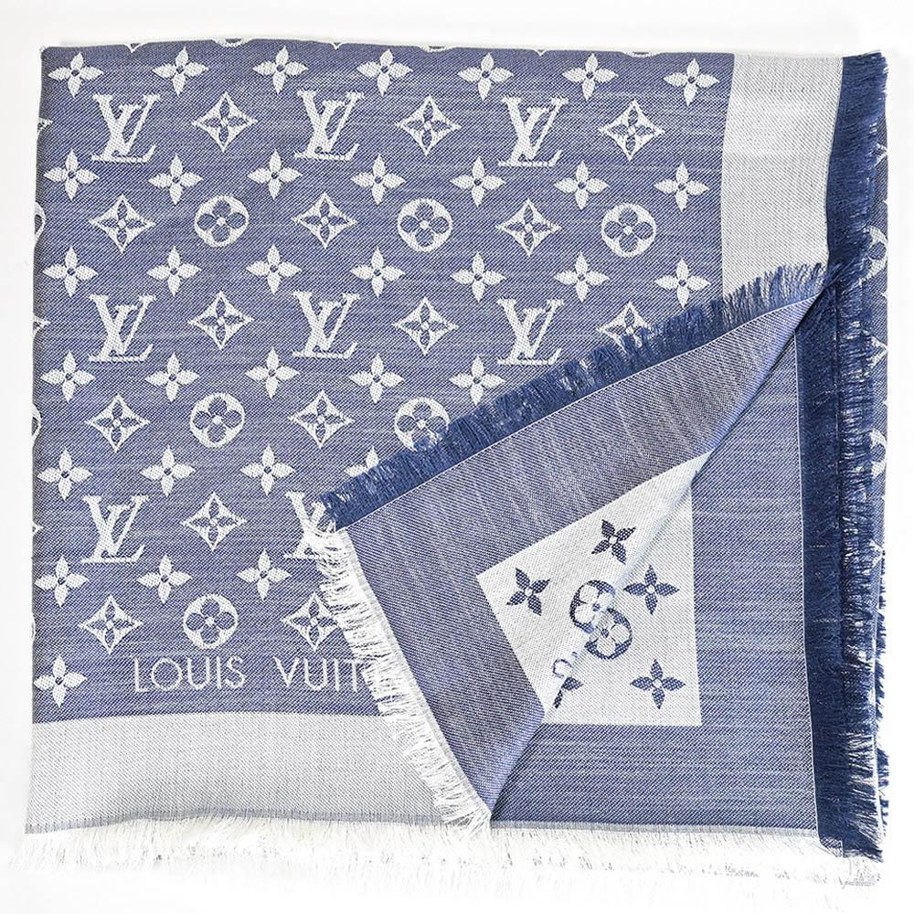 Louis Vuitton LV M71376 Monogram Denim 經典花紋羊毛絲綢披肩圍巾.藍 現貨