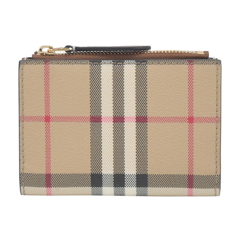 BURBERRY 巴寶莉浮雕LOGO格紋皮革小型三折短夾(暗樺木棕色) - PChome