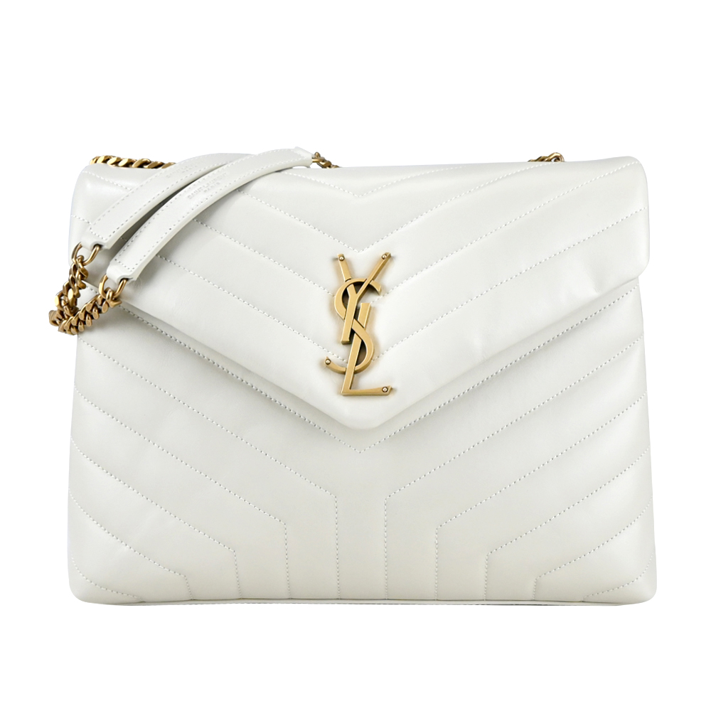 Ysl Saint Laurent金屬logo小牛皮縫線翻蓋肩背 斜背包 中 金x白 Pchome 24h購物