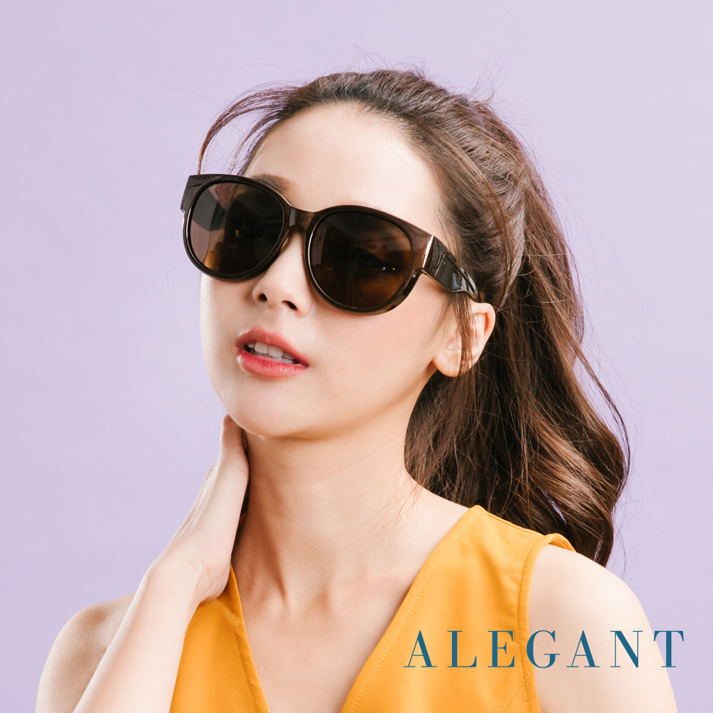 【ALEGANT】時尚暖栗棕圓框全罩式寶麗來偏光墨鏡/外掛式UV400太陽眼鏡/包覆套鏡