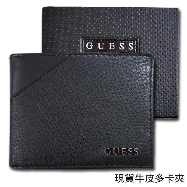 【Guess】男皮夾 短夾 荔紋牛皮夾 斜三角設計 金屬Logo 雙鈔夾 品牌盒裝﹧黑色