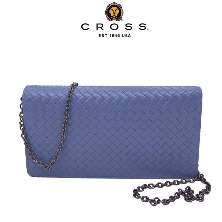 【CROSS】限量1折 頂級小牛皮編織紋釦式皮夾/鍊帶包 WOC 全新專櫃展示品-淡藍色