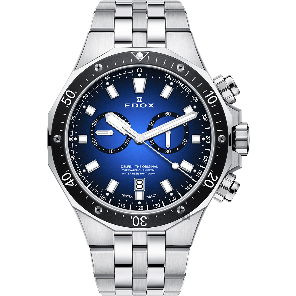 EDOX Delfin 水上冠軍專業200米防水計時碼錶-藍x黑錶圈/43mm (E10109.3M.BUIN)