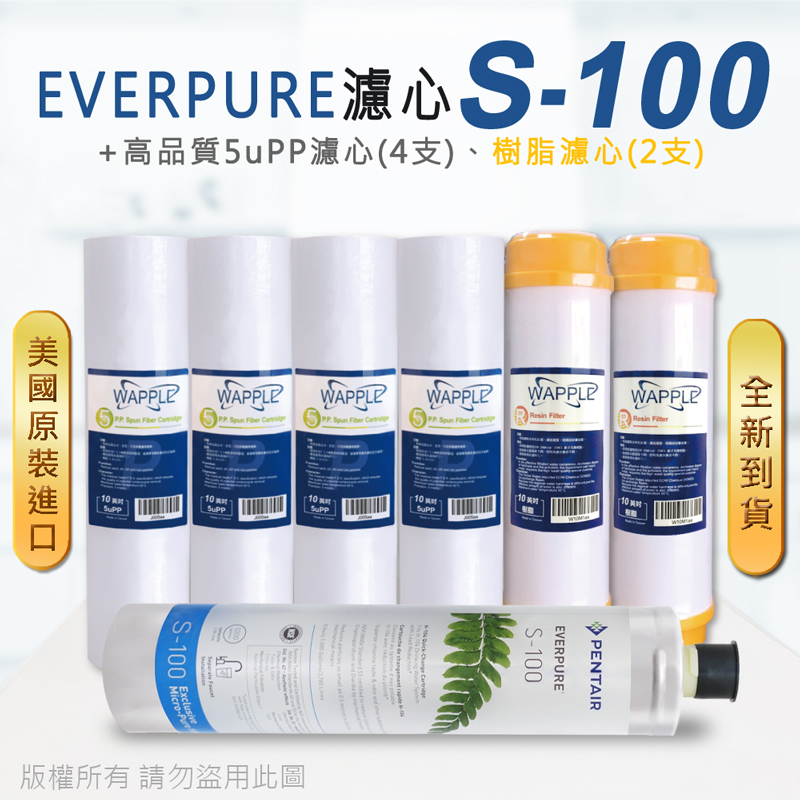 【Everpure】美國原廠平行輸入 S100 濾心+高品質前置5uPP濾心+樹脂濾心(7支組)