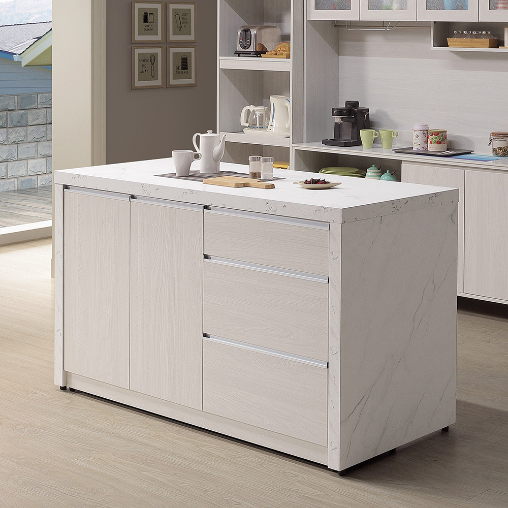Bernice-薩姆森5.1尺中島型吧台桌+餐櫃/多功能收納餐桌櫃-白色仿石面+刷白木紋