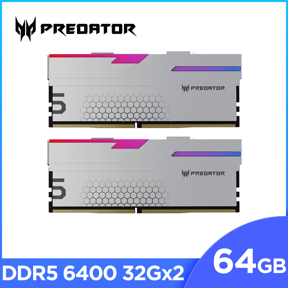 Acer Predator Hermes RGB DDR5-6400 64GB(32G*2)(CL32) 超頻桌上型記憶體(銀色)