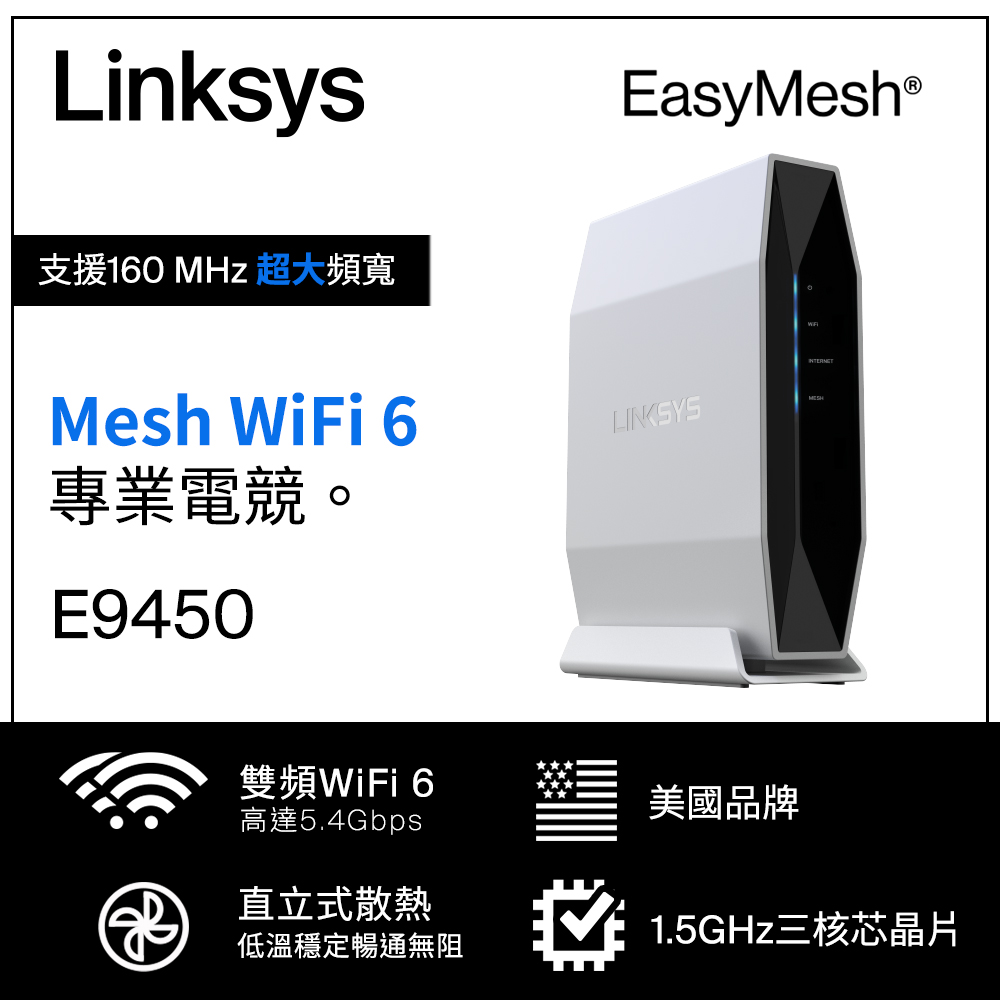 Linksys 雙頻 E9450 Mesh WiFi 6 (一入)路由器（AX5400）白