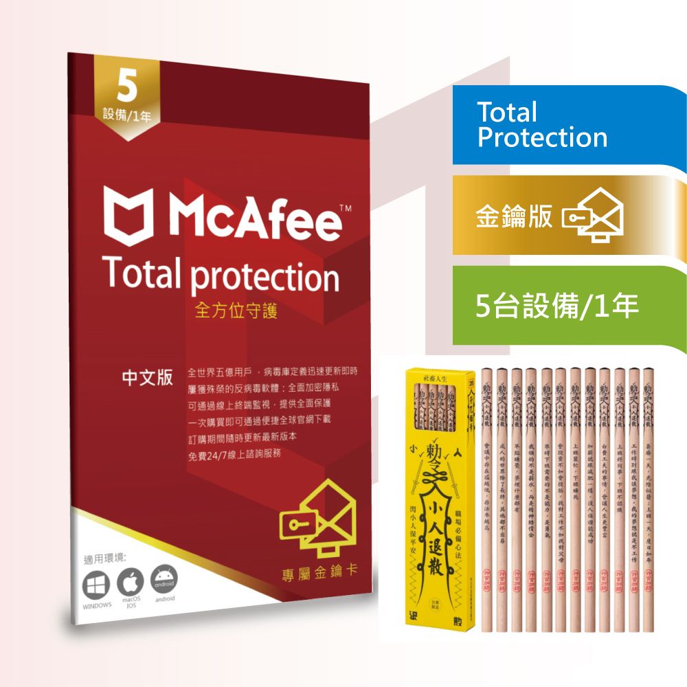 繁中版McAfee Total Protection 全方位防毒保護5台1年卡片版