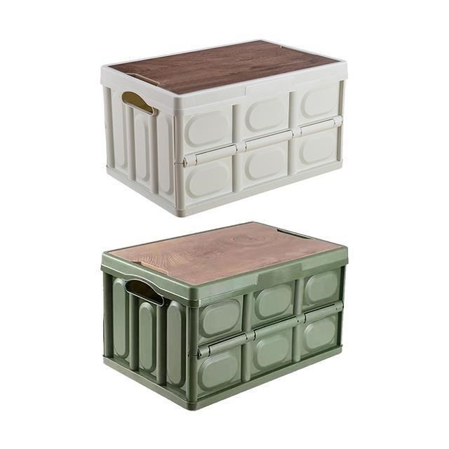 56L折疊桌板露營箱 附木質蓋板 收納箱 整理箱 顏色隨機出貨