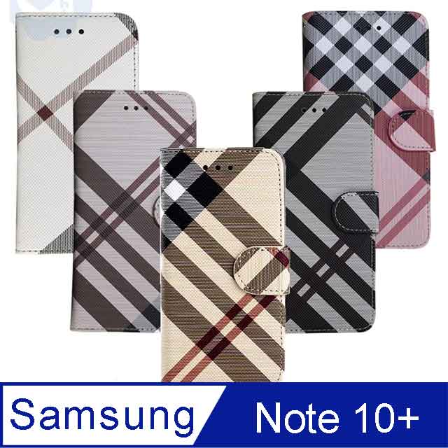 Aguchi 亞古奇 Samsung Galaxy Note 10+ (6.8吋) 英倫格紋氣質手機皮套 側掀磁扣支架式皮套 限量發行