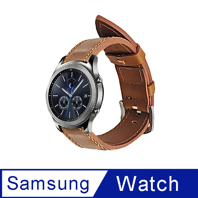 Samsung Galaxy Watch 40/42/44mm通用 皮革替換錶帶(送錶帶裝卸工具)-皮革棕