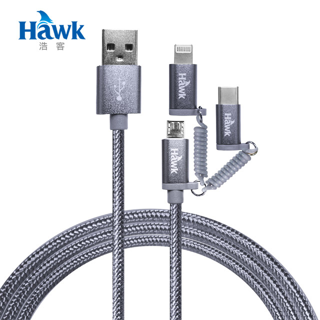 Hawk Type-C/Micro USB/Lightning 三合一高速充電傳輸線-灰色