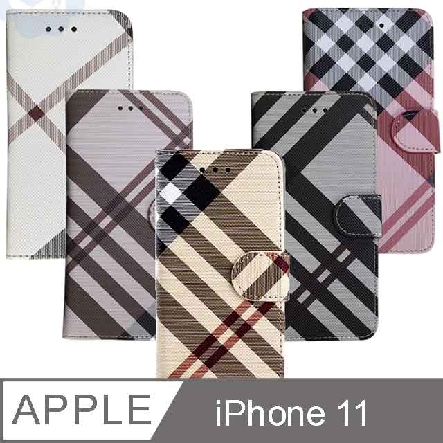 Apple iPhone 11 (6.1吋) 英倫格紋氣質手機皮套 側掀磁扣支架式皮套 矽膠軟殼 5色可選